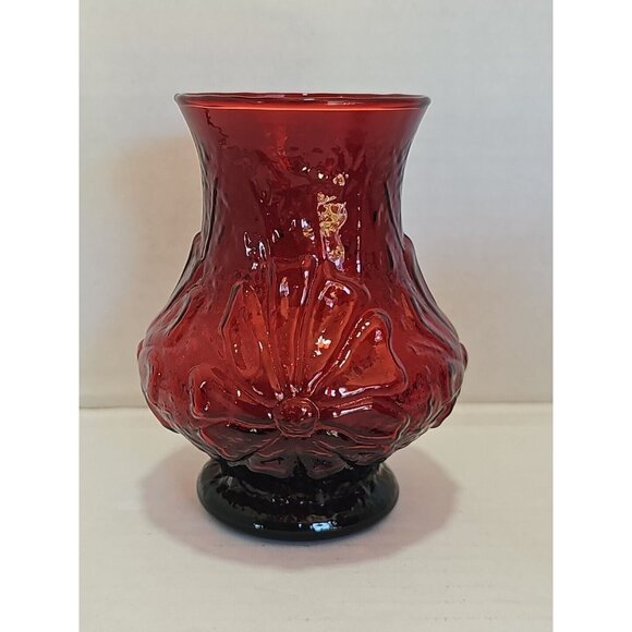 Anchor Hocking Rainflower Ruby Vase 5.5" floral red glass raised relief cosmos - Picture 4 of 12